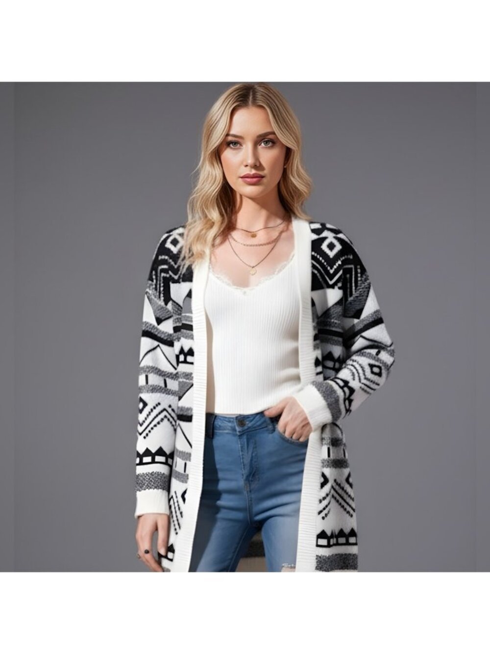 LAST ONE 🔥 Black and White Geo Pattern Cardigan